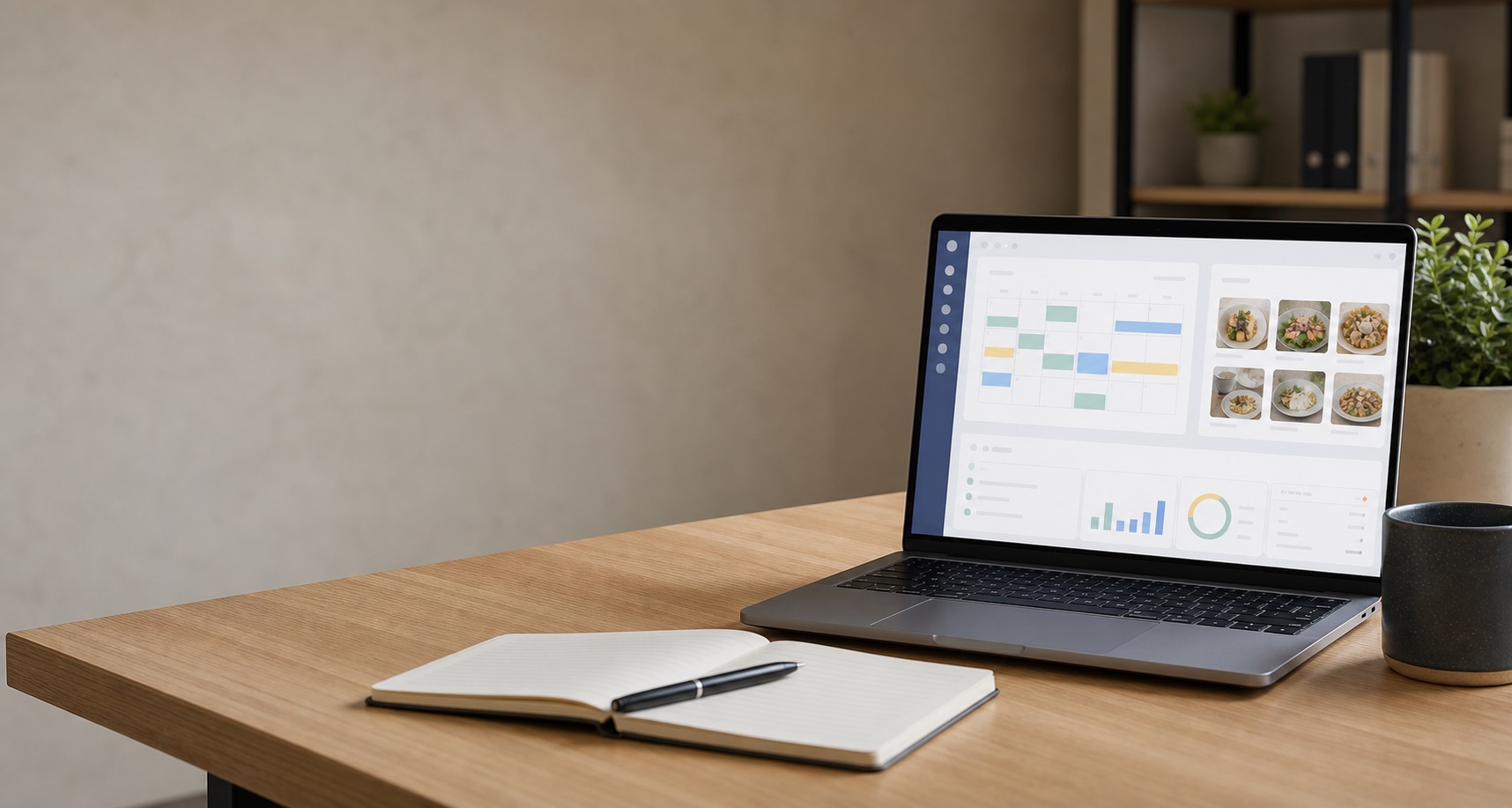 A tidy desk with a laptop showing abstract software interfaces.